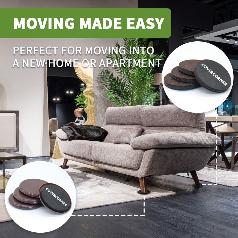 COVERCORNER Furniture Sliders for Hardwood Floors, Furniture Sliders for Carpeted Floors, 8 PCS 3 1/2 inch Combo Pack, Sliders for Moving Furniture, Furniture Movers Sliders-Brown - Image 4